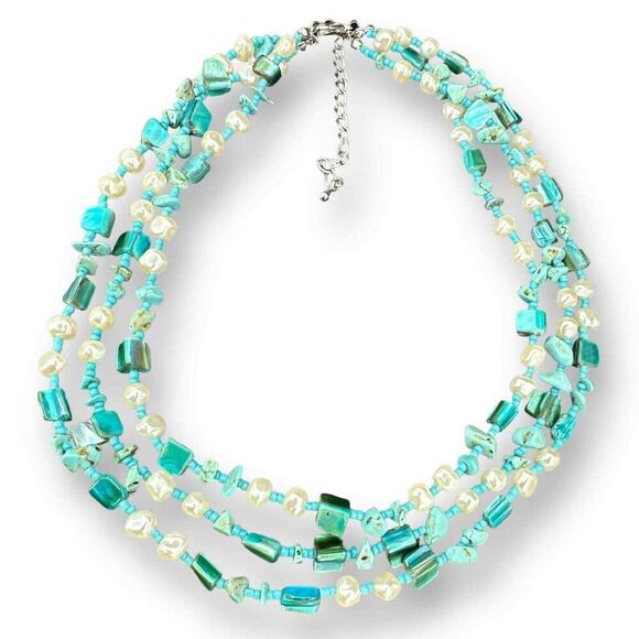 Triple Strands Beaded Necklace Faux Turquoise and Pearl Shell Silver Plated - Picture 4 of 6